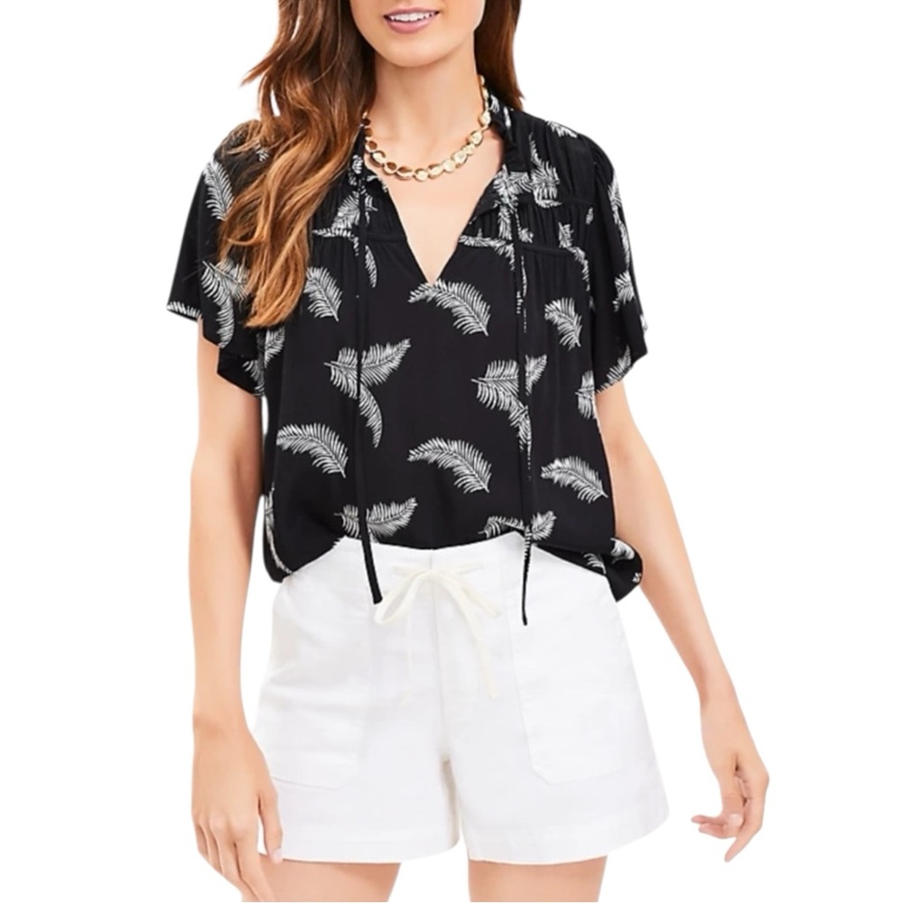 LOFT Palm Print Ruffle Tie Neck Black White Rayon Top - Women’s Small